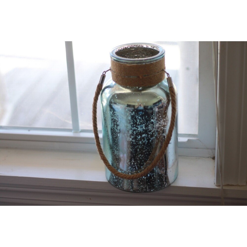 Mark Feldstein Mercury Teal Glass Canister Jar Vase Candle Holder Jute Handle